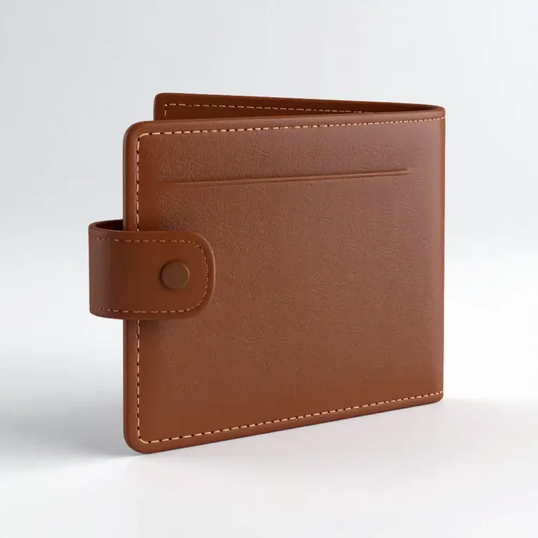 Carteira bifold de couro castanho, vista lateral. Fecho com patilha e botão, bolso frontal para cartões e costuras claras. Minimalista.